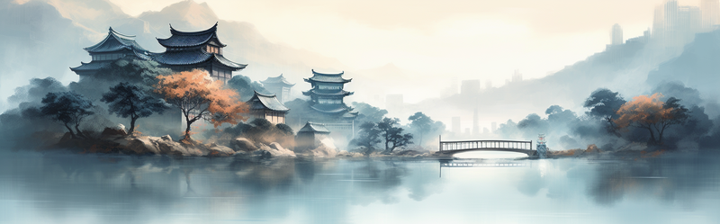 桥房屋两岸烟雨江面中国风背景,插画/手绘图,插画/手绘图库,插画/手绘图下载,插画/手绘